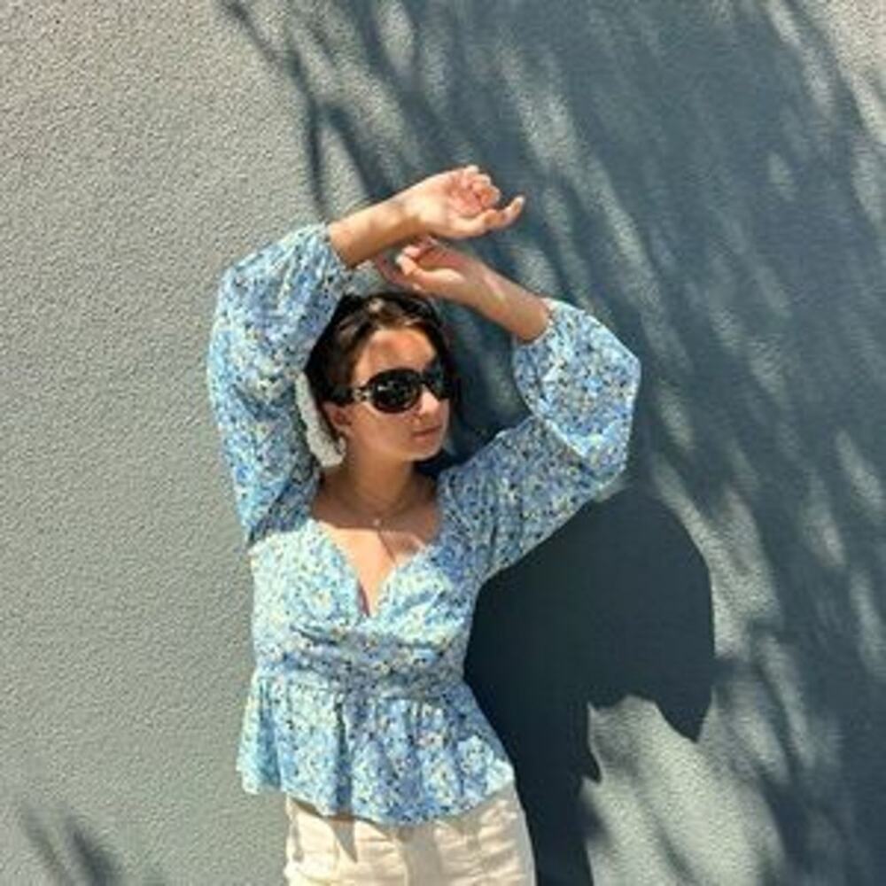 Nordstrom Blue Floral Crop Top Puff Sleeve Large V Neck